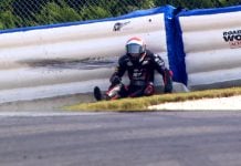 Kyle Wyman, after crashing into Roadracing World Action Fund Airfence at 104 mph in Turn One at Barber Motorsports Park. Photo courtesy of beIN SPORTS USA.