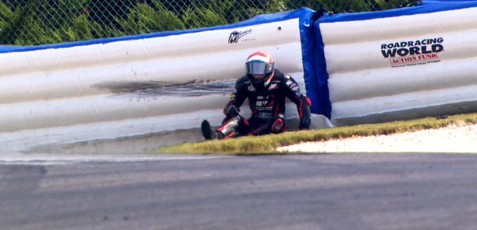 Kyle Wyman, after crashing into Roadracing World Action Fund Airfence at 104 mph in Turn One at Barber Motorsports Park. Photo courtesy of beIN SPORTS USA.