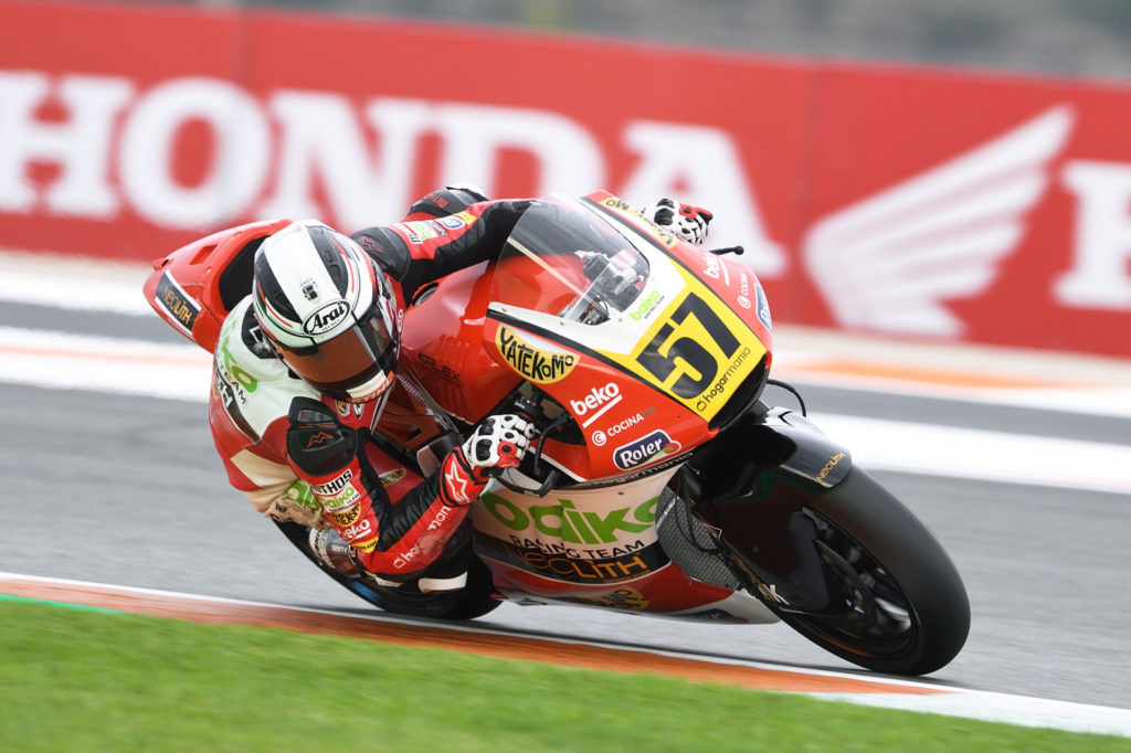 Edgar Pons (57) won the FIM CEV Repsol Moto2 race at Valencia and won the 2019 Moto2 European Championship. Photo courtesy of FIM CEV Repsol Press Office.