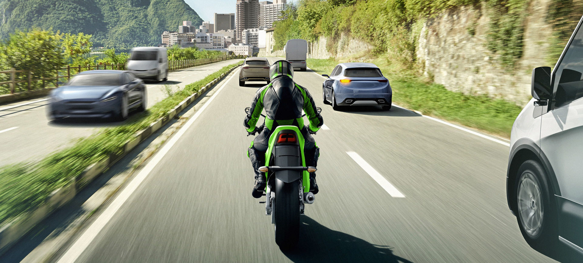 A computer-generated image of a Kawasaki motorcycle being ridden in challenging traffic conditions. Image courtesy of Kawasaki UK.