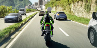 A computer-generated image of a Kawasaki motorcycle being ridden in challenging traffic conditions. Image courtesy of Kawasaki UK.