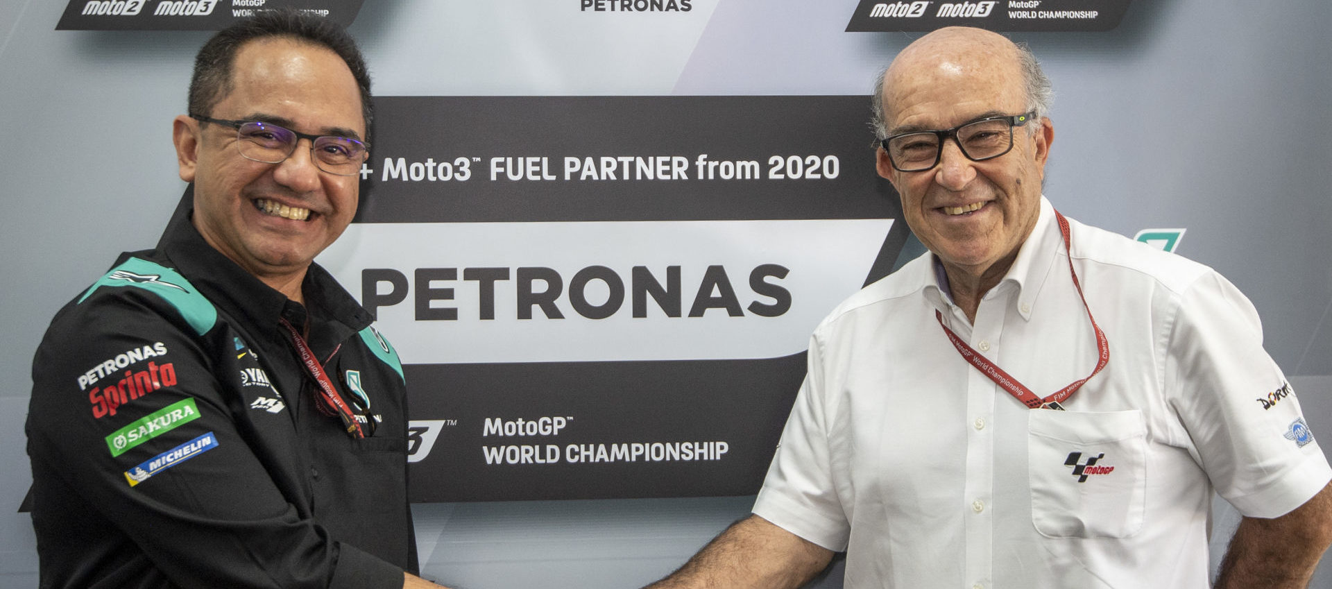 Tan Sri Wan Zulkiflee Wan Ariffin, President & Group CEO, PETRONAS (left) with Dorna CEO Carmelo Ezpeleta (right). Photo courtesy of Dorna.