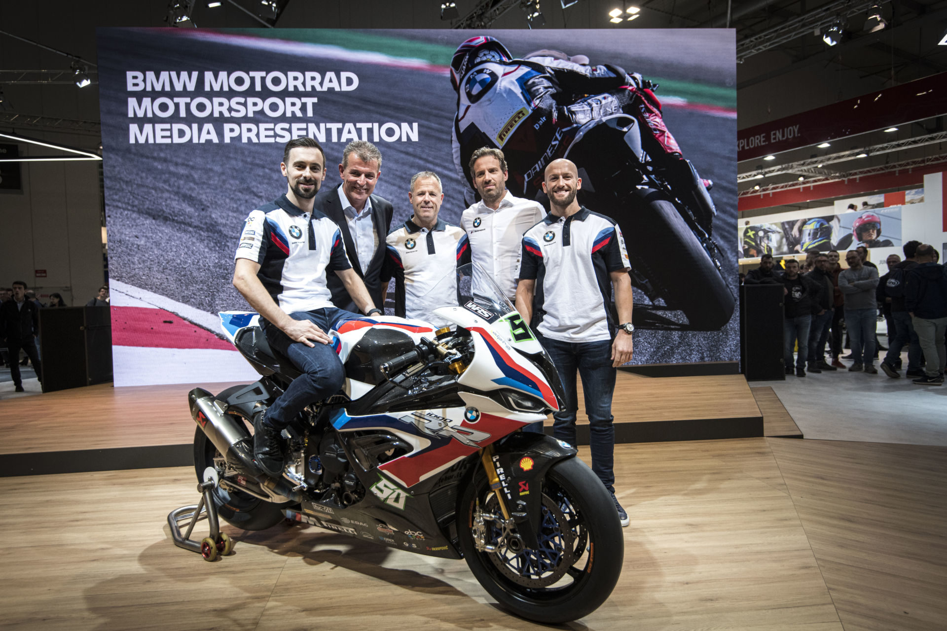 (From left) Eugene Laverty; Dr. Markus Schramm, Head of BMW Motorrad; BMW Motorrad WorldSBK Team Principal Shaun Muir; Marc Bongers, BMW Motorrad Motorsport Director; and Tom Sykes at EICMA. Photo courtesy of BMW Motorrad Motorsport.