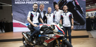 (From left) Eugene Laverty; Dr. Markus Schramm, Head of BMW Motorrad; BMW Motorrad WorldSBK Team Principal Shaun Muir; Marc Bongers, BMW Motorrad Motorsport Director; and Tom Sykes at EICMA. Photo courtesy of BMW Motorrad Motorsport.