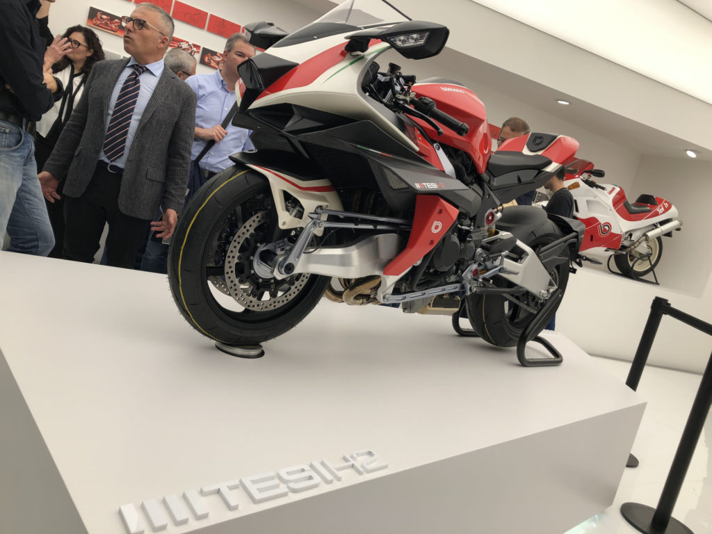 A Bimota Kawasaki TESI H2 Concept bike on display at the EICMA show in Milan, Italy. Photo courtesy of Kawasaki UK.