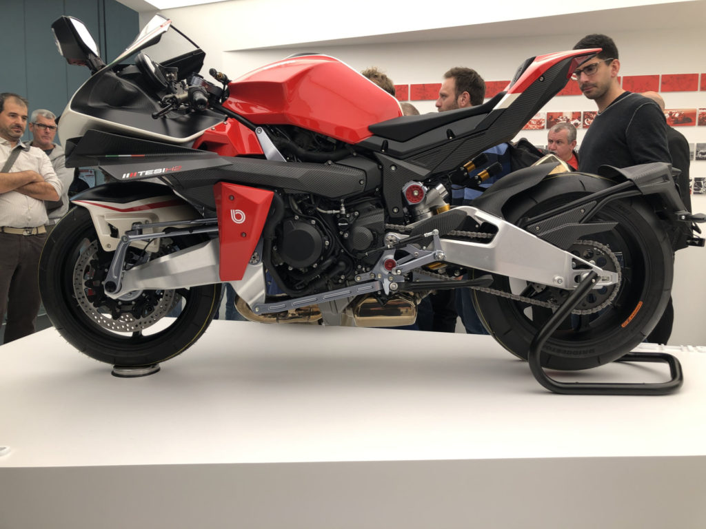 A Bimota Kawasaki TESI H2 Concept bike on display at the EICMA show in Milan, Italy. Photo courtesy of Kawasaki UK.