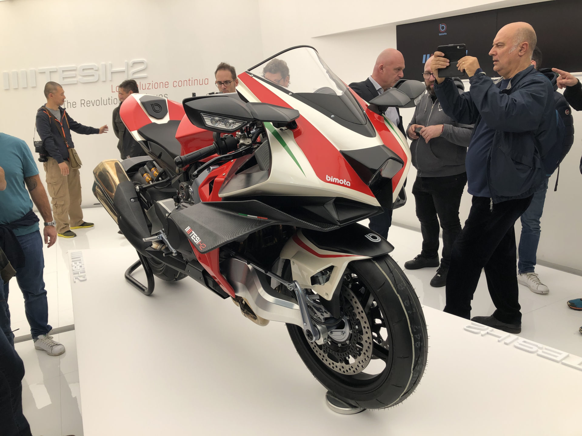 A Bimota Kawasaki TESI H2 Concept bike on display at the EICMA show in Milan, Italy. Photo courtesy of Kawasaki UK.