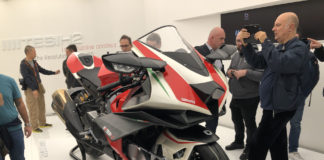 A Bimota Kawasaki TESI H2 Concept bike on display at the EICMA show in Milan, Italy. Photo courtesy of Kawasaki UK.