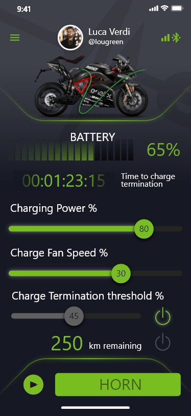 A screen shot of Energica's new Connected Ride app. Remote connectivity is a standard feature on all 2020-model Energicas.