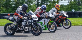 Electric motorcycles as built by students at (from left) Virginia Tech, the University of Sherbrooke in Quebec, and the Rochester Institute of Technology at AHRMA's 2019 Varsity Challenge. Photo courtesy of AHRMA.