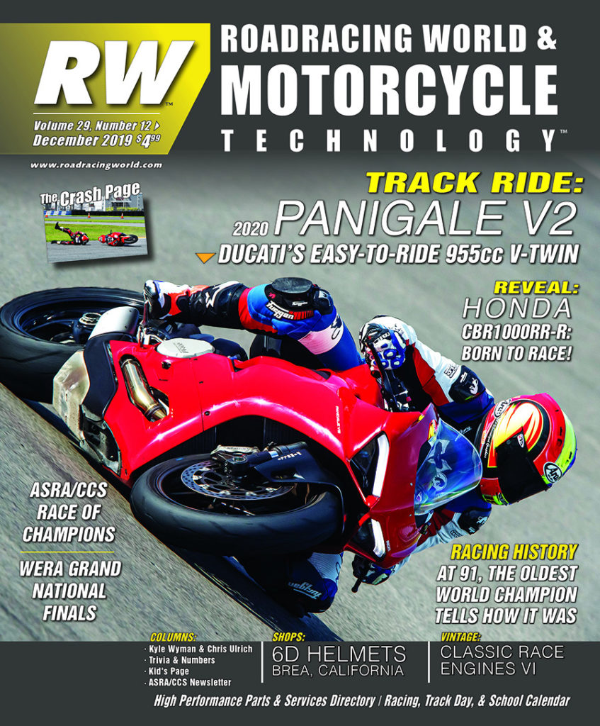 The front cover of the 2019 December issue of Roadracing World Motorcycle Technology magazine.