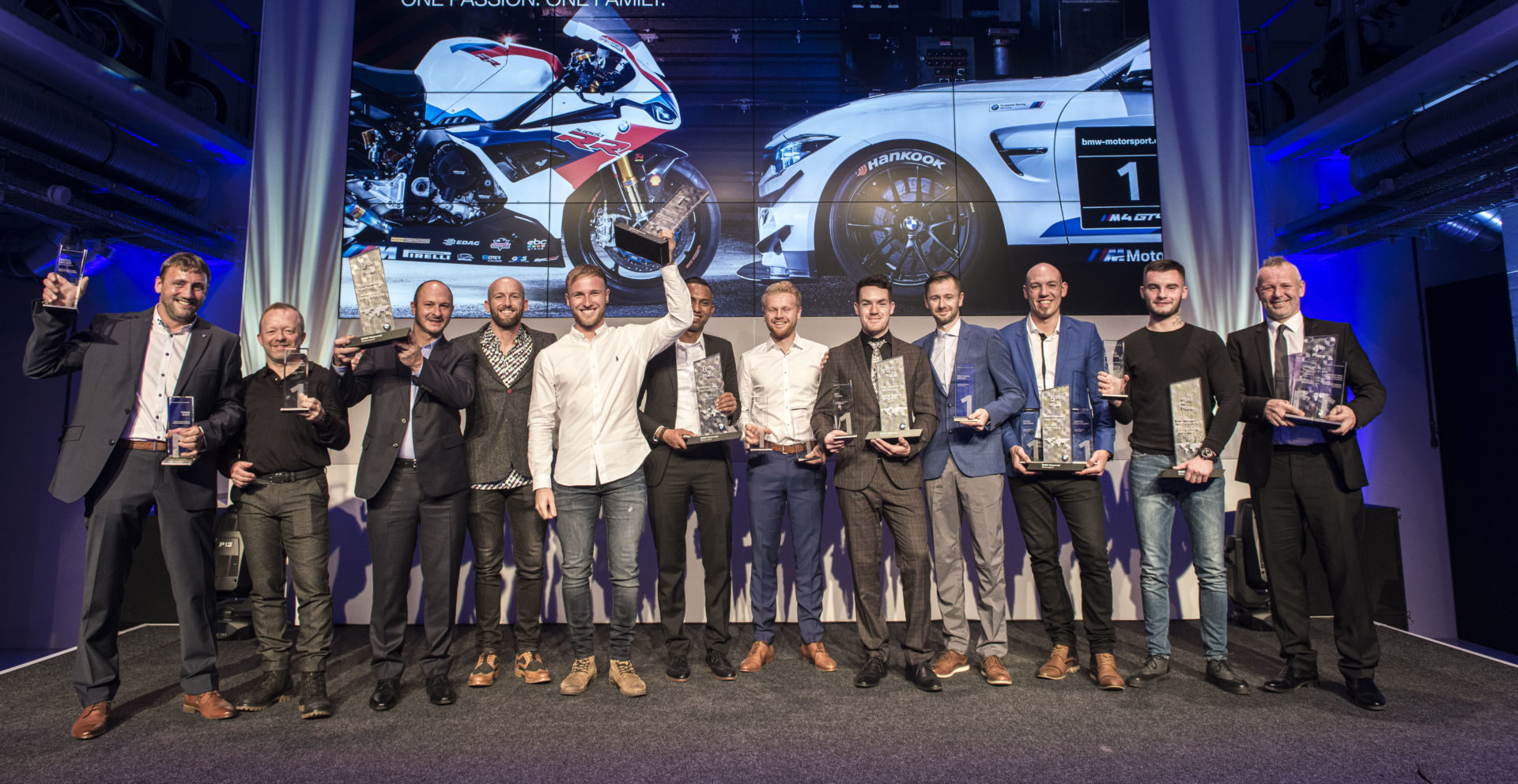 2019 BMW Motorrad Race Trophy top-10 finishers, including winner Davey Todd (fifth from left) and Canadian Superbike Champion Ben Young (fifth from right), on stage in Munich. Photo courtesy of BMW Motorrad Motorsport.