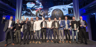 2019 BMW Motorrad Race Trophy top-10 finishers, including winner Davey Todd (fifth from left) and Canadian Superbike Champion Ben Young (fifth from right), on stage in Munich. Photo courtesy of BMW Motorrad Motorsport.