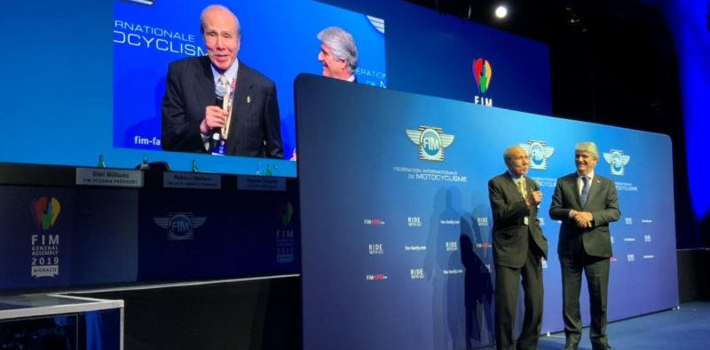 Arai Helmet Ltd. President Michio Arai (left) with FIM President Jorge Viegas (right) on stage at the FIM Awards Gala November 30, in Monaco. Photo courtesy of Arai Helmet Ltd.