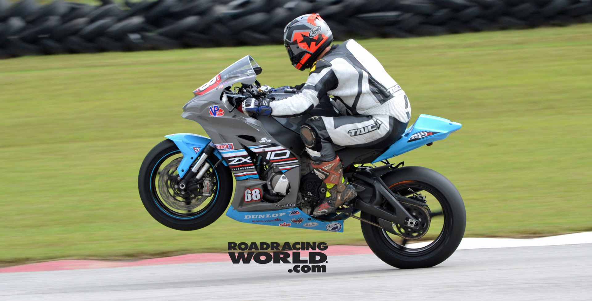 Racer Dustin Dominguez (68) riding a Kawasaki ZX-10R, which has been converted from a streetbike into a race-only machine, at Hallett Motor Racing Circuit. Photo by David Swarts.