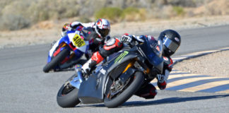 Jake Gagne (32) testing a Monster Energy Attack Performance Yamaha Racing YZF-R1 Superbike during a motorcycle members track day Monday at Chuckwalla Valley Raceway. Photo by David Swarts.