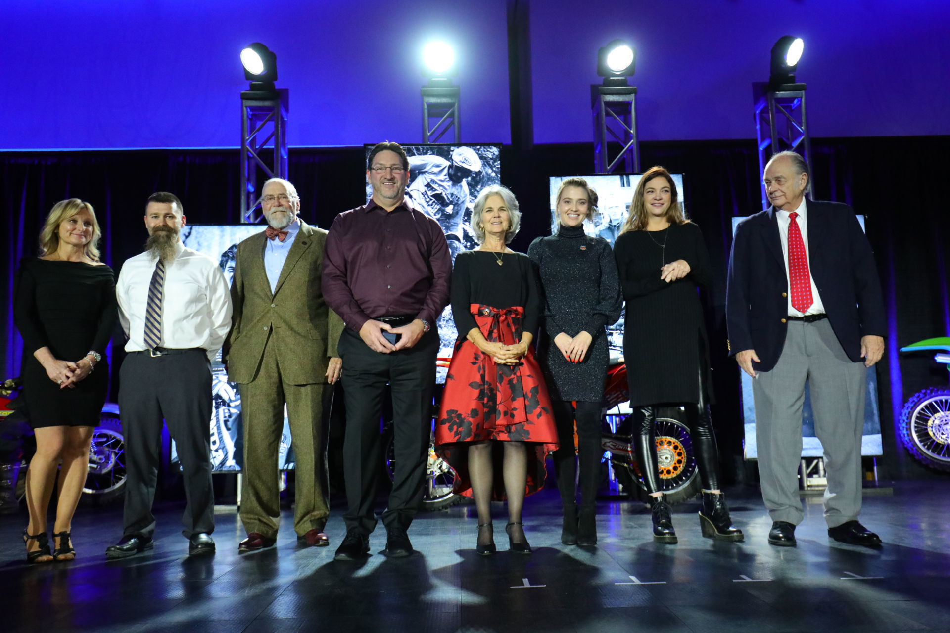 AMA Motorcycle Hall of Fame Class of 2019 (left to right): Trish Walksler and Matt Walksler, who accepted for Dale Walksler; former AMA Board of Directors chair Rick Gray, who accepted for Mark Buckner; Ron Lechien; Nancy Caselli and Sarah White, who accepted for the late Kurt Caselli; and Belen Wagner accompanying her father Wiltz Wagner. Photo by Jeff Kardas, courtesy of AMA.