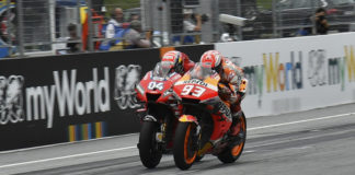 Marc Marquez (93) and Andrea Dovizioso (04) battled to the finish of the 2019 Austrian Grand Prix at the Red Bull Ring, in Austria. Photo courtesy of Dorna/www.motogp.
