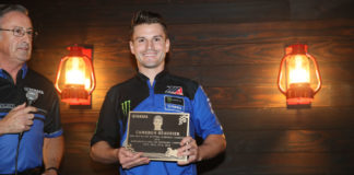 Four-time MotoAmerica Superbike Champion Cameron Beaubier (right), seen here with his 2019 team manager Tom Halverson (left), was one of the eight Yamaha racers honored in a ceremony in front of Yamaha employees in the Atlanta, Georgia area. Photo courtesy of Yamaha Motor Corp., U.S.A.