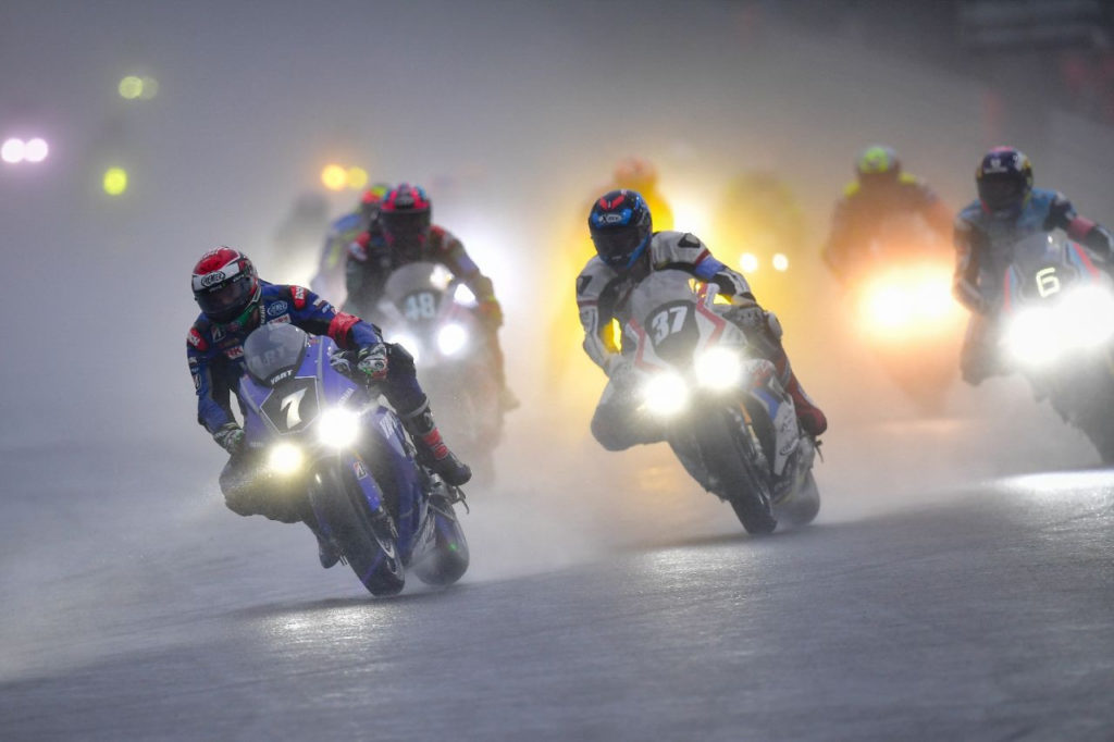 YART – Yamaha (7) leading a group of riders in the rain at Sepang. Photo courtesy of Yamaha.