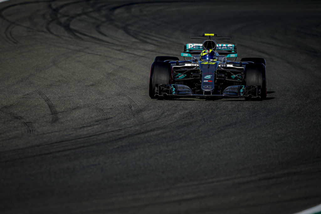 Valentino Rossi (46) in a Mercedes-AMG F1 W08 EQ Power+ Formula One race car (46) at Valencia. Photo courtesy of Monster Energy Yamaha.