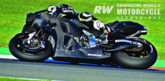 The first day of testing for the 2020 season took place in Valencia, with factory teams testing new engine, chassis, and aero components. LCR Honda rider Cal Crutchlow is seen here testing new HRC components. Photo by Michael Gougis.