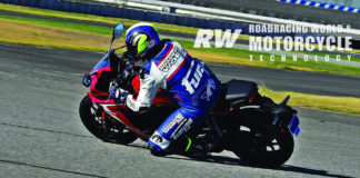 Racing Editor Chris Ulrich at speed on the Honda CBR650R during a Fastrack Riders track day at Auto Club Speedway. Photo by Michael Gougis.