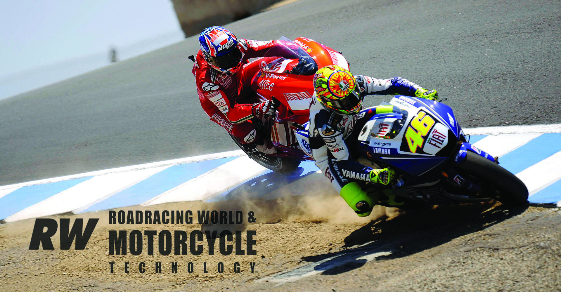 Valentino Rossi (46) making the winning move, passing Casey Stoner on the dirt heading down the Corkscrew at Laguna Seca in 2008. Photo by DPPI.