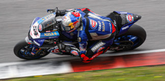 Pata Yamaha’s Toprak Razgatlioglu (54) at speed in Portugal. Photo courtesy of Dorna WorldSBK Press Office.