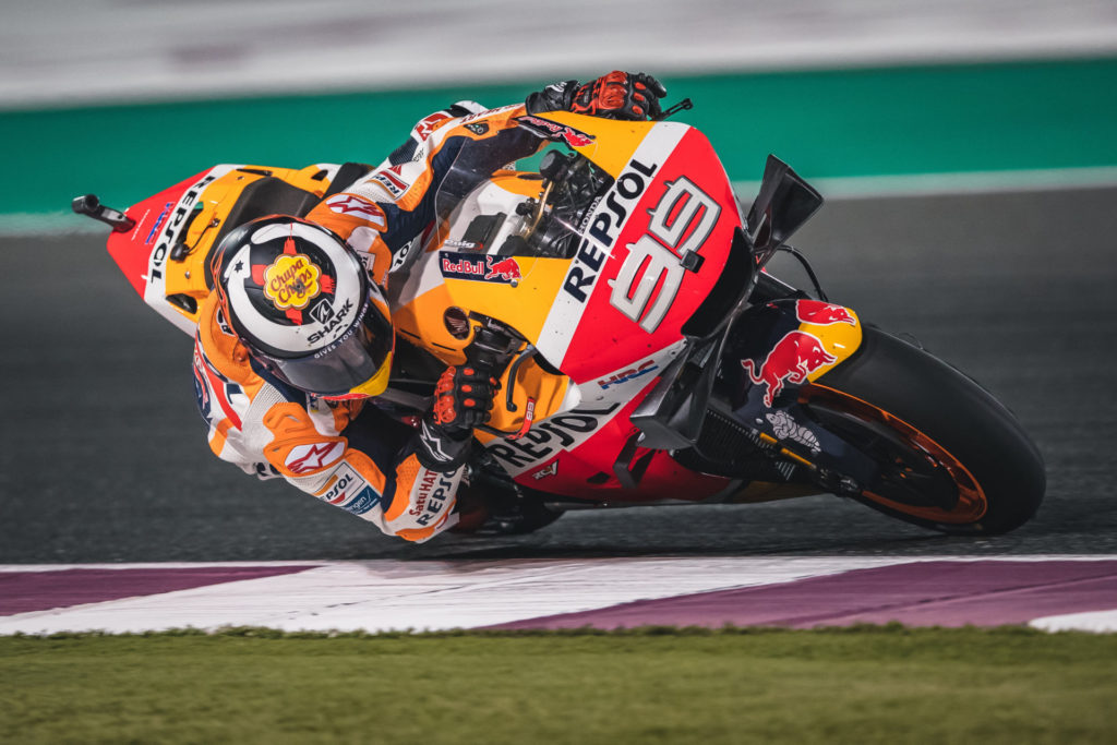 Jorge Lorenzo (99) in action at Losail International Circuit, in Qatar, where he finished 13th in his debut as a Repsol Honda rider. Photo courtesy of Repsol Honda.