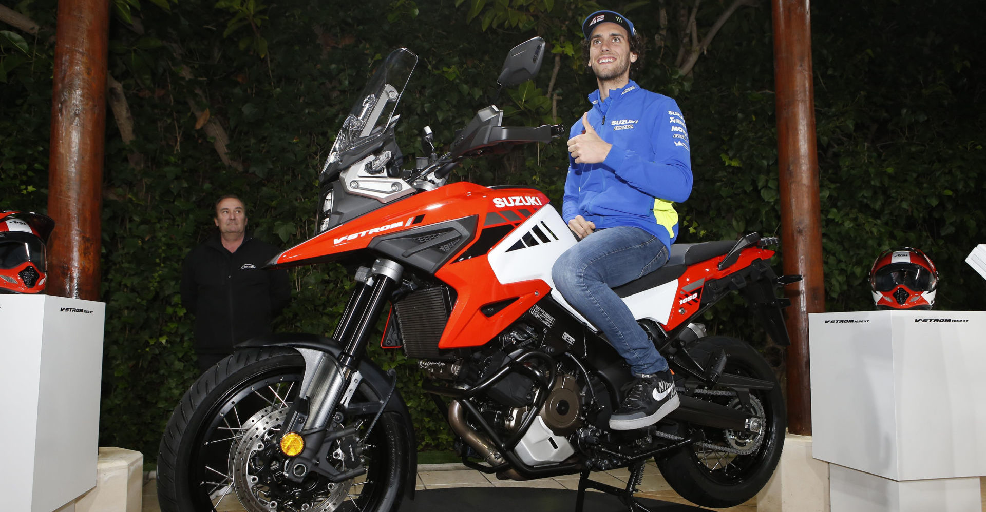 Alex Rins poses on a Suzuki V-STROM 1050. Photo courtesy of Team Suzuki Press Office.