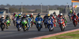 The start of an Australia Superbike race during the 2019 season. Photo by Andrew Gosling/TBG Sport, courtesy of Motorcycling Australia.