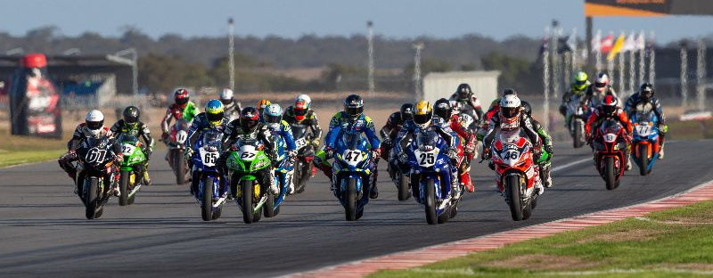 The start of an Australia Superbike race during the 2019 season. Photo by Andrew Gosling/TBG Sport, courtesy of Motorcycling Australia.