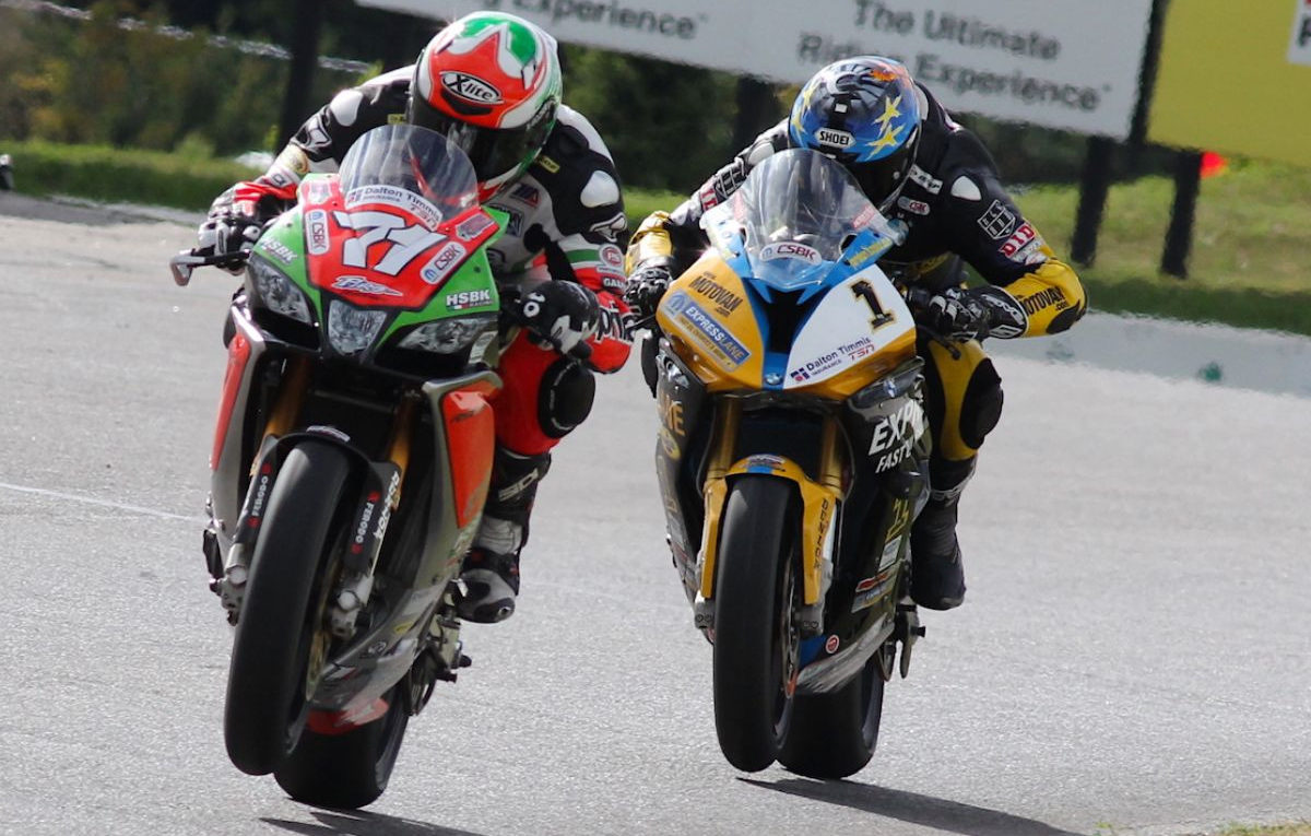 MotoGP, World Superbike, and MotoAmerica rider Claudio Corti (71) dropped in on the 2016 CSBK round at CTMP. However, Jordan Szoke (1) raised to the challenge and beat the Italian rider in both contests that weekend. Photo by Rob O'Brien courtesy of CSBK/PMP.