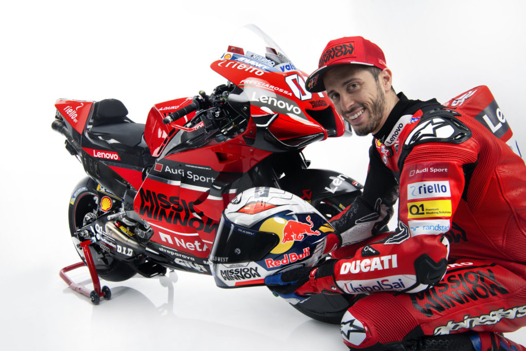 Andrea Dovizioso with his 2020 Mission Winnow Ducati Desmosedici GP20 MotoGP racebike. Photo courtesy of Ducati.
