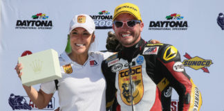 Daytona 200 Monument Celebration Scheduled March 11 TOBC Racing Team Owner Michelle Lindsay (left) with rider Danny Eslick (right) after winning the 2018 Daytona 200, their third win together and Eslick’s fourth Daytona 200 win overall. Lindsay, Eslick, and TOBC Racing will be honored during a celebration on March 11 at the Daytona 200 Memorial in Daytona Beach, Florida. Photo by Brian J. Nelson.