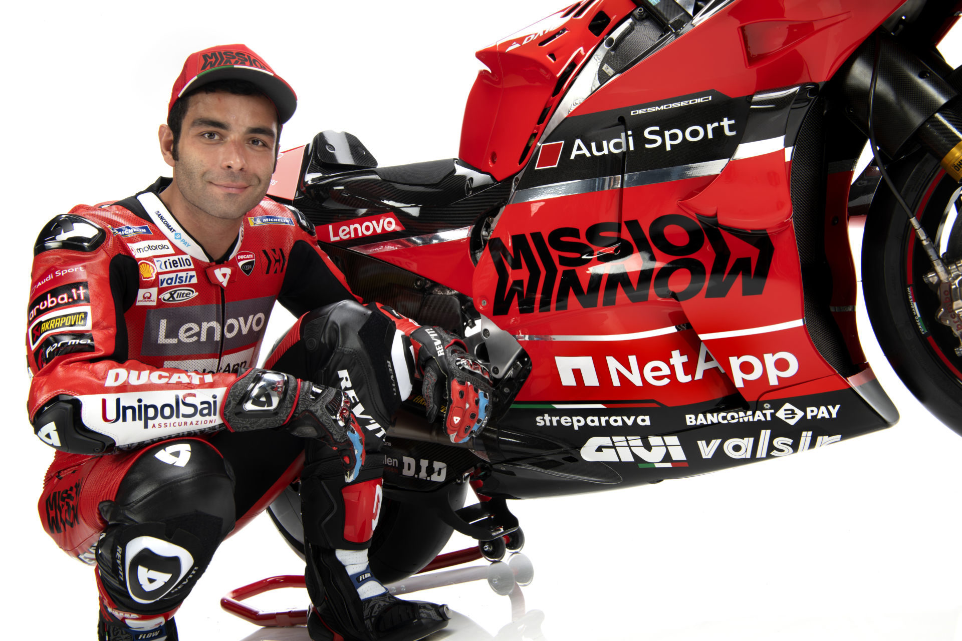 Danilo Petrucci with his 2020 Mission Winnow Ducati Desmosedici GP20 MotoGP racebike. Photo courtesy of Ducati.