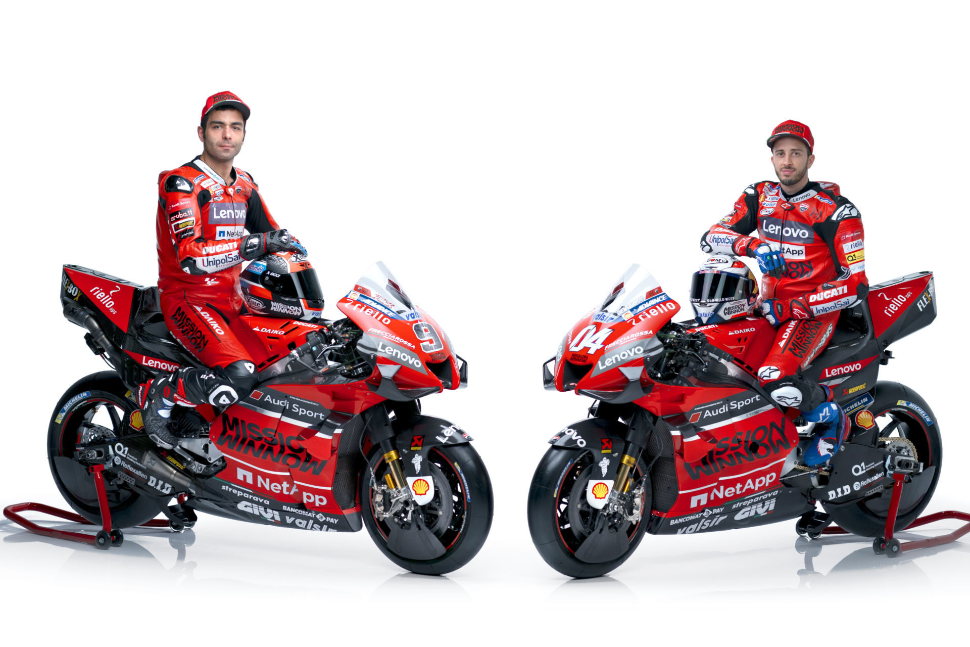 Danilo Petrucci (left) and Andrea Dovizioso (right) on their 2020 Mission Winnow Ducati Desmosedici GP20 MotoGP racebikes. Photo courtesy of Ducati.