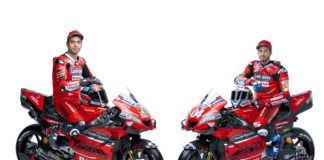 Danilo Petrucci (left) and Andrea Dovizioso (right) on their 2020 Mission Winnow Ducati Desmosedici GP20 MotoGP racebikes. Photo courtesy of Ducati.