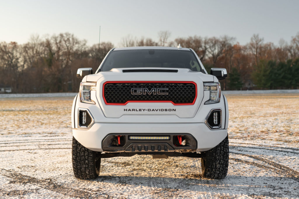 The front end of a 2020 Harley-Davidson Edition GMC Sierra pickup truck. Photo courtesy of Harley-Davidson.