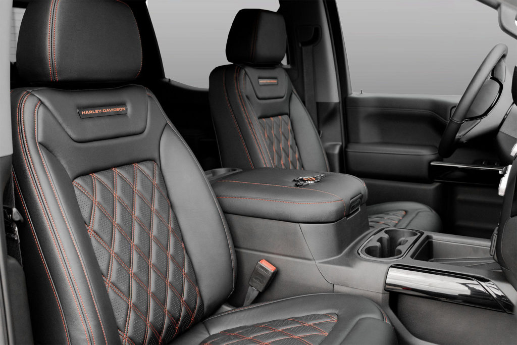 A 2020 Harley-Davidson Edition GMC Sierra pickup truck interior. Photo courtesy of Harley-Davidson.