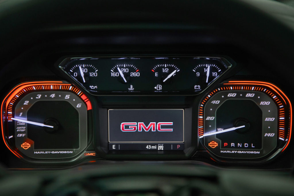 A 2020 Harley-Davidson Edition GMC Sierra pickup truck instrument panel. Photo courtesy of Harley-Davidson.