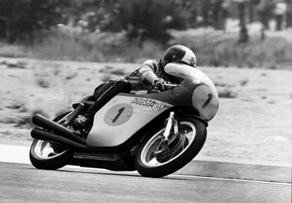 Giacomo Agostini (1) at speed on an MV Agusta. Photo courtesy of MV Agusta.