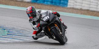 Honda’s Leon Haslam (91) at speed on a wet track in Spain. Photo courtesy of Dorna World SBK Press Office.