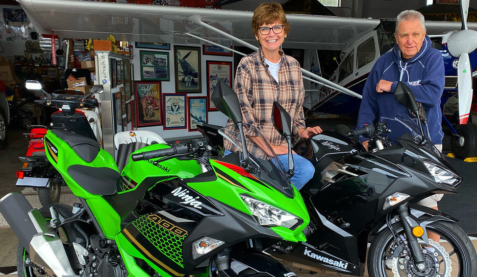 Reg Pridmore (right) and Gigi Pridmore (left) and the new CLASS Motorcycle Schools Kawasaki Ninja 400 motorcycles. Photo courtesy of CLASS Motorcycle Schools.