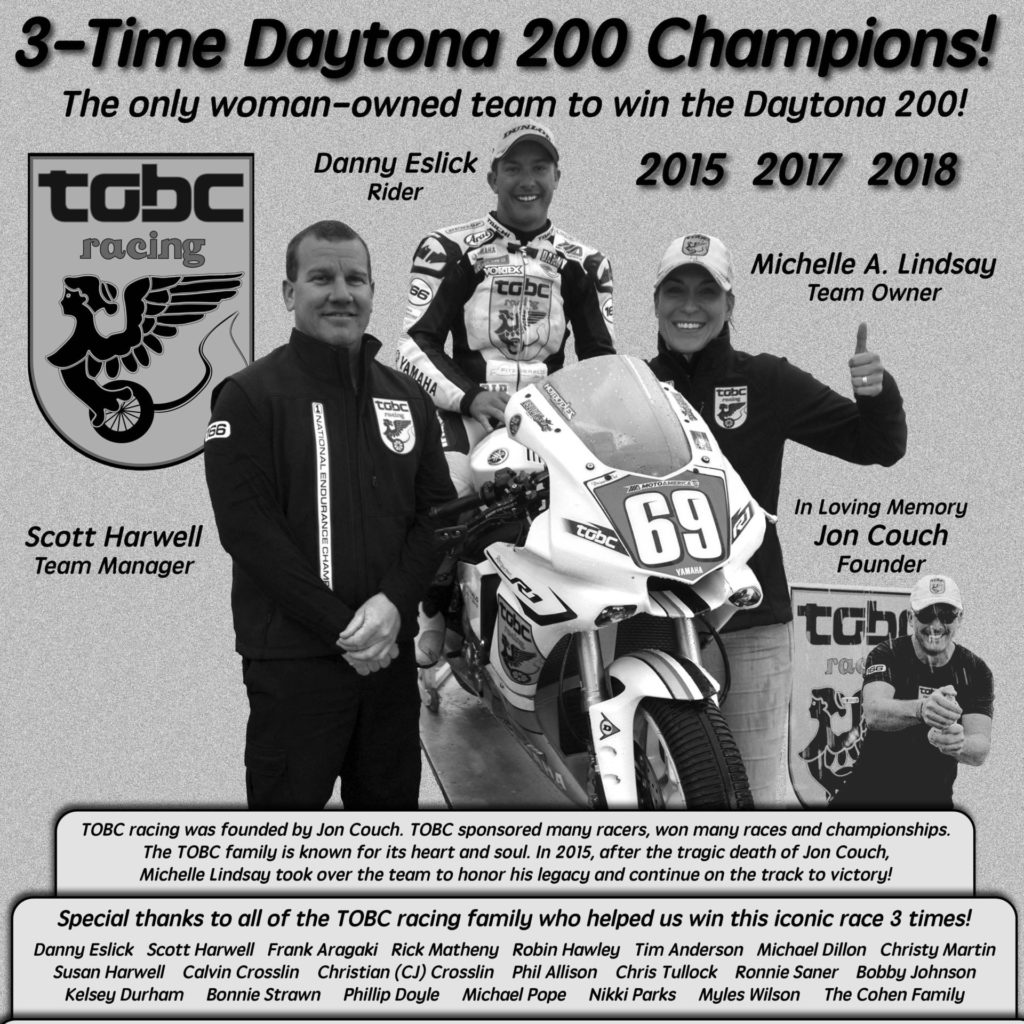 The plaque that will be placed on the Daytona 200 Memorial to honor TOBC Racing, Michelle Lindsay, and Danny Eslick. Photo courtesy of Roger Lyle and Joan Erdesky.