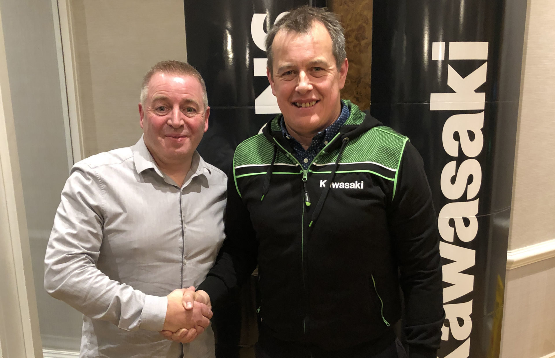 Quattro Plant Bournemouth Kawasaki Team Owner Pete Extance (left) and John McGuinness (right). Photo courtesy of Kawasaki Motors UK.