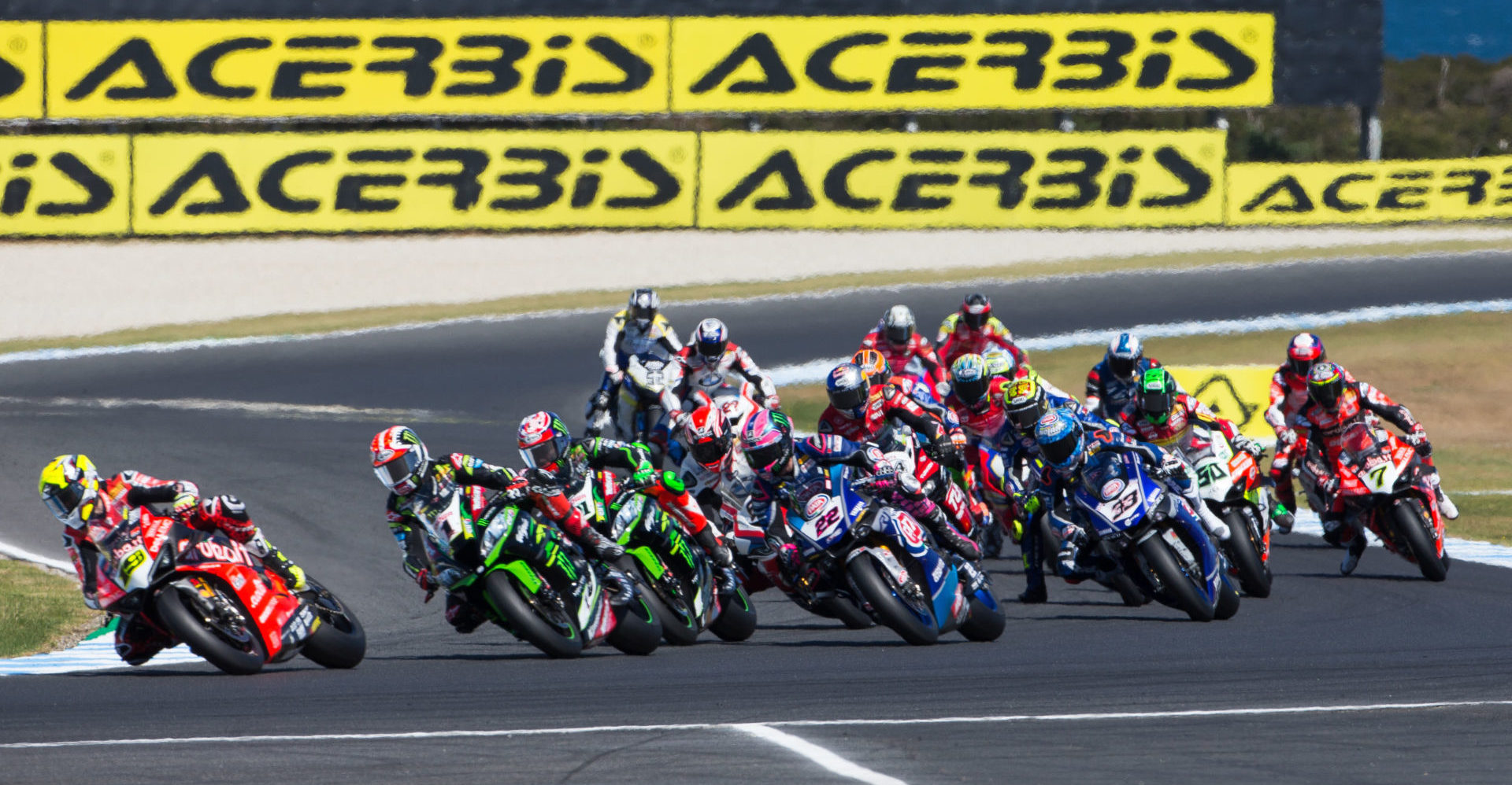 The start of a World Superbike race at Phillip Island in 2019. Photo courtesy of Dorna WorldSBK Press Office.