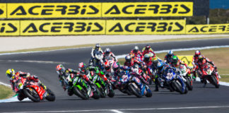 The start of a World Superbike race at Phillip Island in 2019. Photo courtesy of Dorna WorldSBK Press Office.