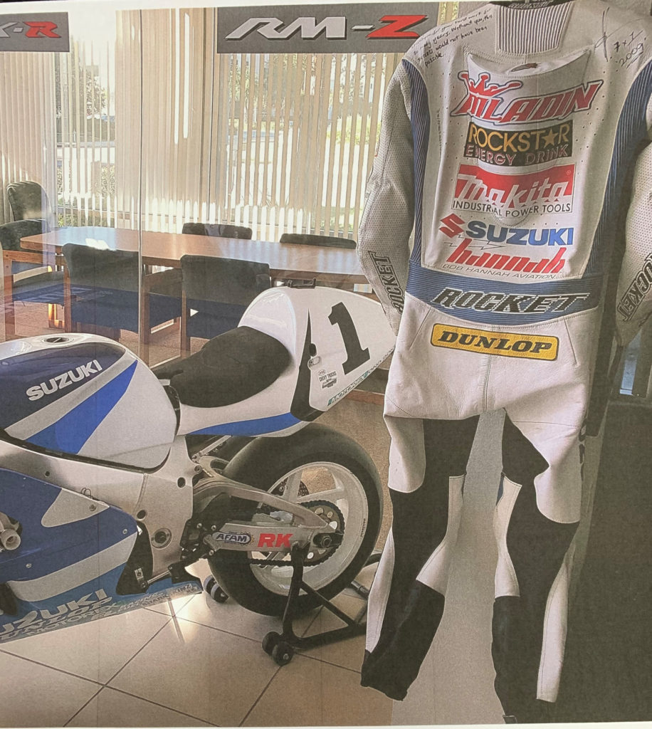 Retired Mat Mladin leathers that were stolen from Yoshimura Suzuki. Photo courtesy of Yoshimura Racing.